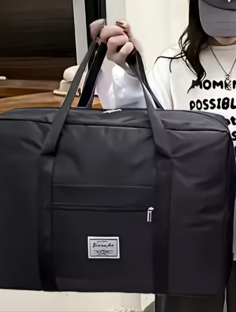 Black Duffel Tote Bag with Front Zip Pocket